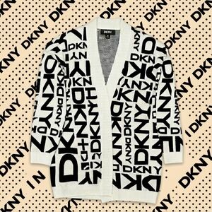 DKNY Monogram Logo Intarsia Knit Open Front Longline Cardigan Sweater